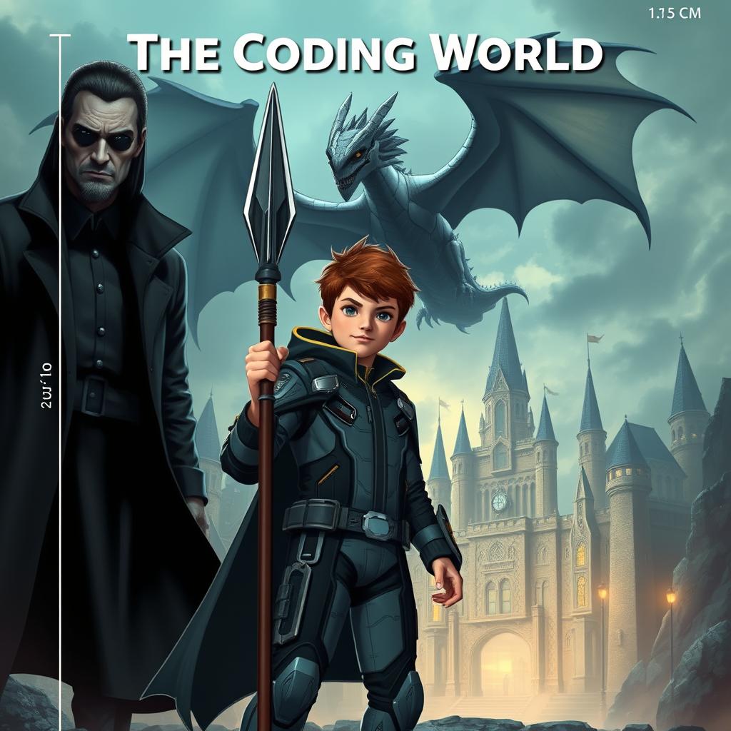 An engaging book cover for **The Coding World** featuring a mature-looking 15-year-old boy standing confidently with a futuristic spear, designed to destroy code monsters, held firmly in his right hand