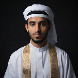 Reverting to the original image, the young Arabic man is once again seen in his traditional attire, set against the darker atmosphere.