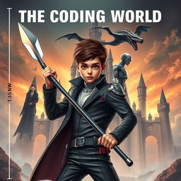 An eye-catching book cover for **The Coding World** featuring a mature-looking 15-year-old boy confidently wielding a futuristic spear capable of destroying code monsters