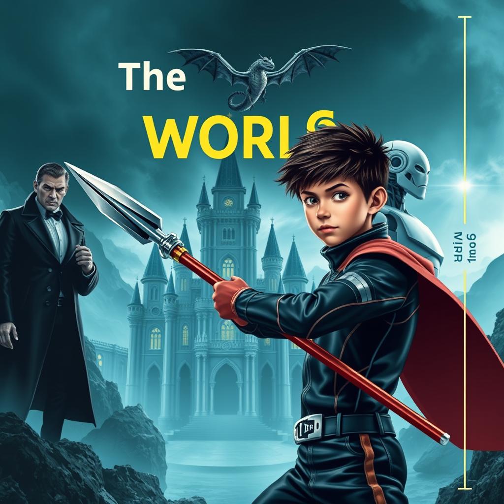 An eye-catching book cover for **The Coding World** featuring a mature-looking 15-year-old boy confidently wielding a futuristic spear capable of destroying code monsters