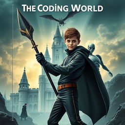 An eye-catching book cover for **The Coding World** featuring a mature-looking 15-year-old boy confidently wielding a futuristic spear capable of destroying code monsters