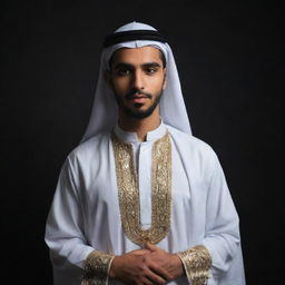 Reverting to the original image, the young Arabic man is once again seen in his traditional attire, set against the darker atmosphere.