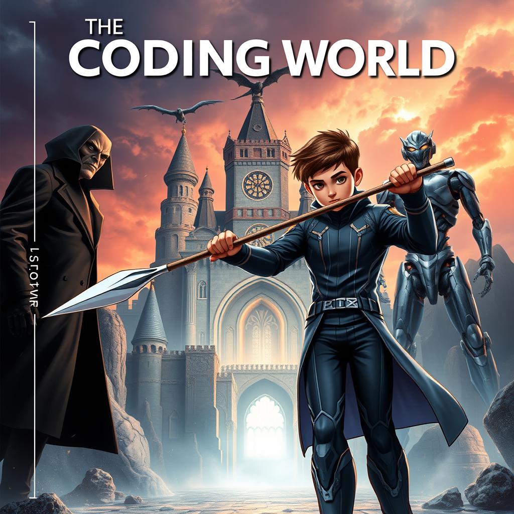 An eye-catching book cover for **The Coding World** featuring a mature-looking 15-year-old boy confidently wielding a futuristic spear capable of destroying code monsters