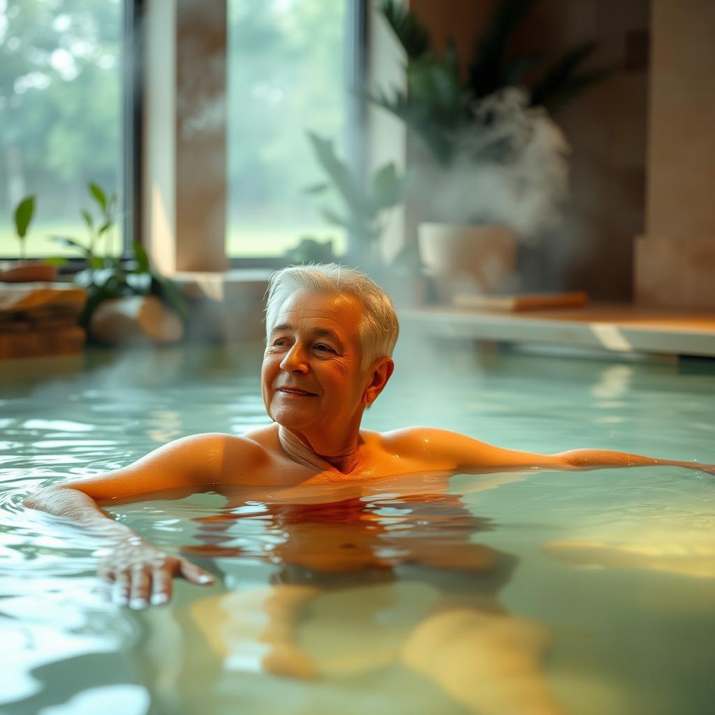 A hydrotherapy session featuring a patient receiving treatment in a soothing indoor pool