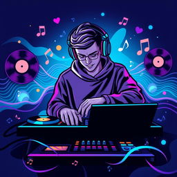 A vibrant and dynamic avatar for a beatmaker, featuring an abstract representation of sound waves and musical elements