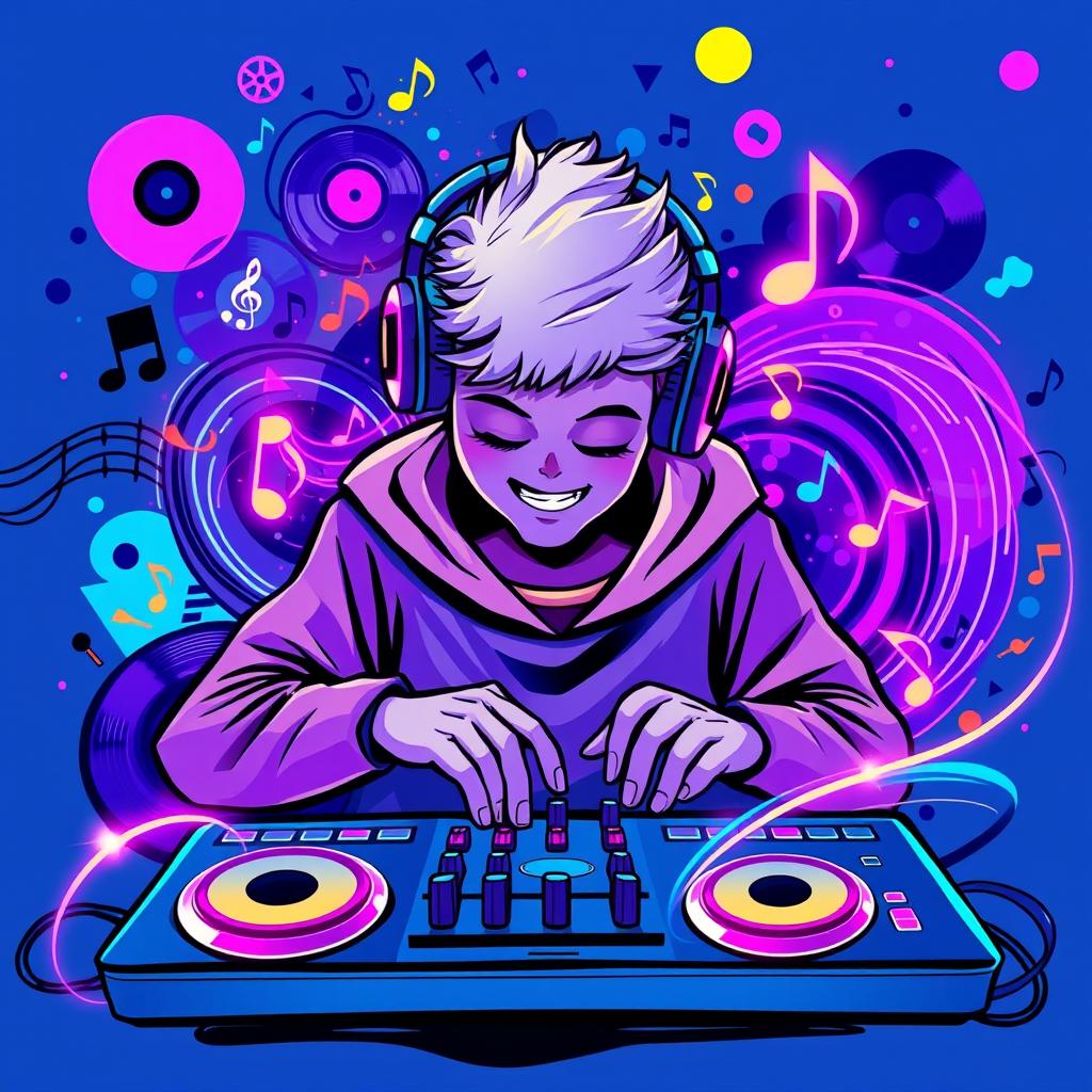 A vibrant and dynamic avatar for a beatmaker, featuring an abstract representation of sound waves and musical elements