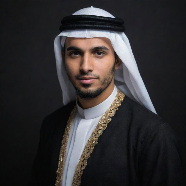 Reverting to the original image, the young Arabic man is once again seen in his traditional attire, set against the darker atmosphere.