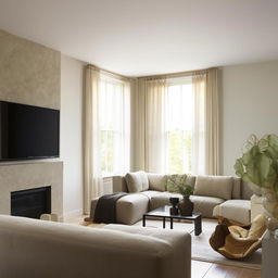 A rectangular living room with a warm fireplace and a sleek television. Windows adorn one corner, filling the space with natural light. An L-shaped couch and a plush chair provide a cozy seating area.