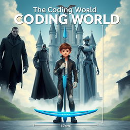 An eye-catching book cover for **The Coding World** featuring a mature-looking 15-year-old boy standing confidently, holding a futuristic spear capable of destroying code monsters in his right hand