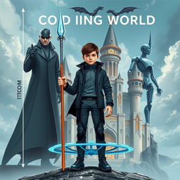 An eye-catching book cover for **The Coding World** featuring a mature-looking 15-year-old boy standing confidently, holding a futuristic spear capable of destroying code monsters in his right hand