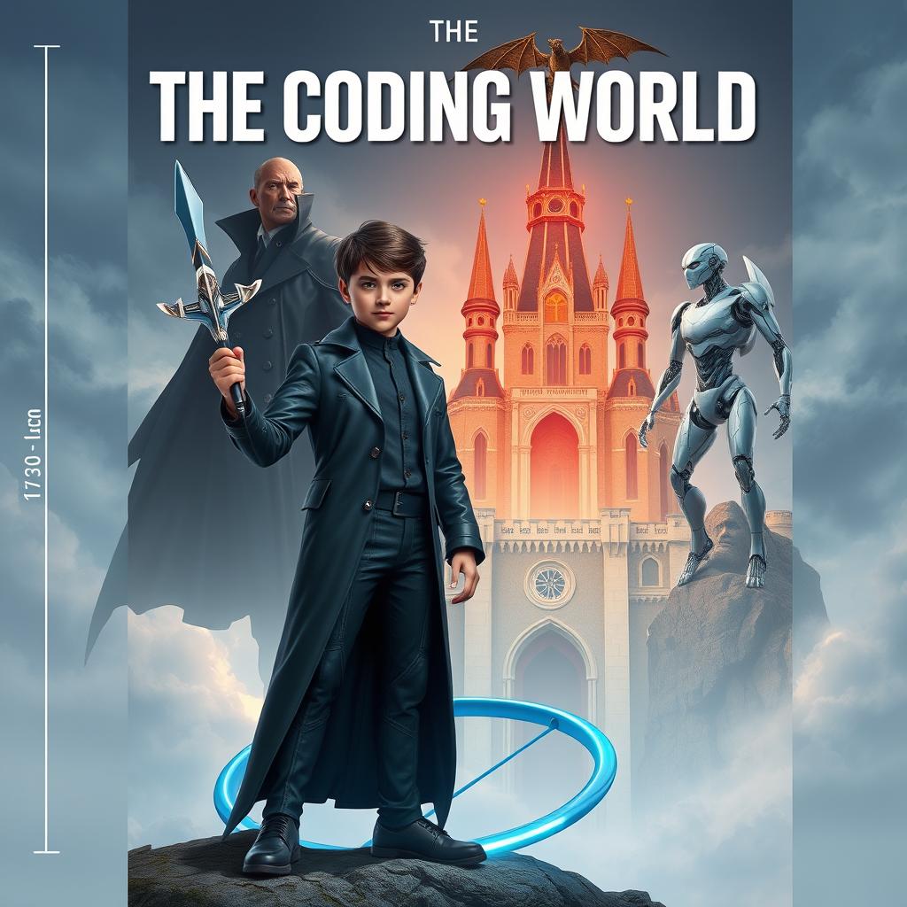 An eye-catching book cover for **The Coding World** featuring a mature-looking 15-year-old boy standing confidently, holding a futuristic spear capable of destroying code monsters in his right hand