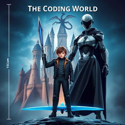 An eye-catching book cover for **The Coding World** featuring a mature-looking 15-year-old boy standing confidently, holding a futuristic spear capable of destroying code monsters in his right hand