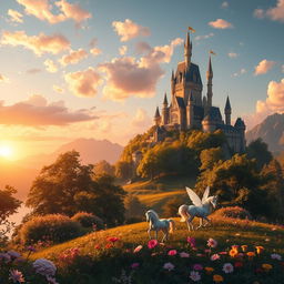 A stunning fantasy landscape featuring a majestic castle on a hill overlooking a serene lake