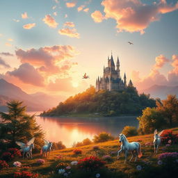 A stunning fantasy landscape featuring a majestic castle on a hill overlooking a serene lake