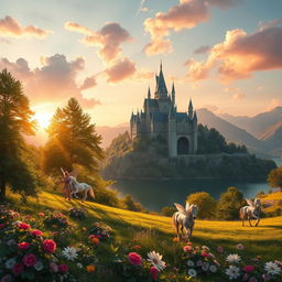 A stunning fantasy landscape featuring a majestic castle on a hill overlooking a serene lake