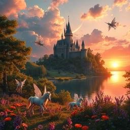 A stunning fantasy landscape featuring a majestic castle on a hill overlooking a serene lake