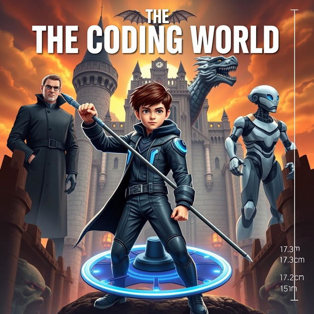 An exciting book cover for **The Coding World** featuring a mature-looking 15-year-old boy confidently wielding a futuristic spear designed to destroy code monsters, held firmly in his right hand