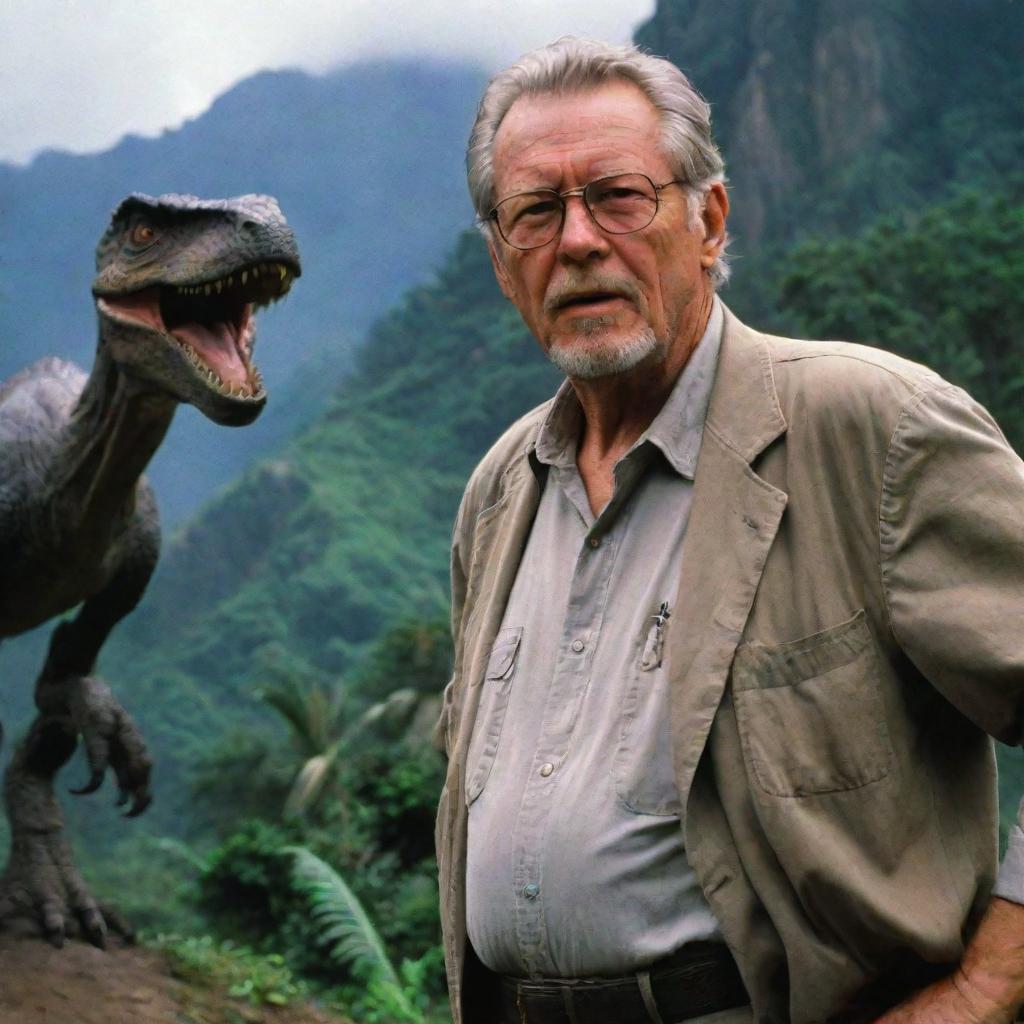 Isla Nublar, populated with dinosaurs and now enter John Hammond, Jurassic Park's creator, prominent in the scene. Capture him surveying his prehistoric kingdom, exuding a mixture of pride and wonder.