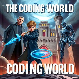 An exciting book cover for **The Coding World** featuring a mature-looking 15-year-old boy confidently wielding a futuristic spear designed to destroy code monsters, held firmly in his right hand