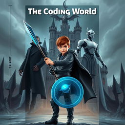 An exciting book cover for **The Coding World** featuring a mature-looking 15-year-old boy confidently wielding a futuristic spear designed to destroy code monsters, held firmly in his right hand