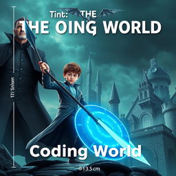 An exciting book cover for **The Coding World** featuring a mature-looking 15-year-old boy confidently wielding a futuristic spear designed to destroy code monsters, held firmly in his right hand