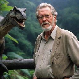 Isla Nublar, populated with dinosaurs and now enter John Hammond, Jurassic Park's creator, prominent in the scene. Capture him surveying his prehistoric kingdom, exuding a mixture of pride and wonder.