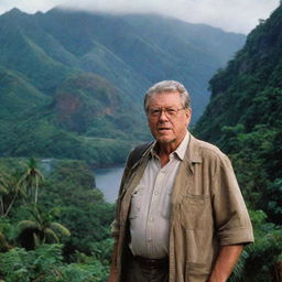 Isla Nublar, populated with dinosaurs and now enter John Hammond, Jurassic Park's creator, prominent in the scene. Capture him surveying his prehistoric kingdom, exuding a mixture of pride and wonder.