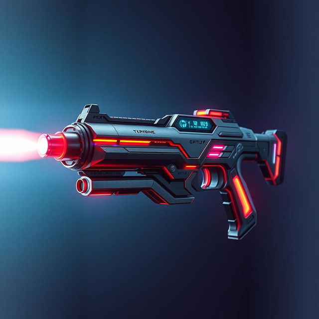 A futuristic raygun, designed with sleek metallic surfaces and vibrant neon accents