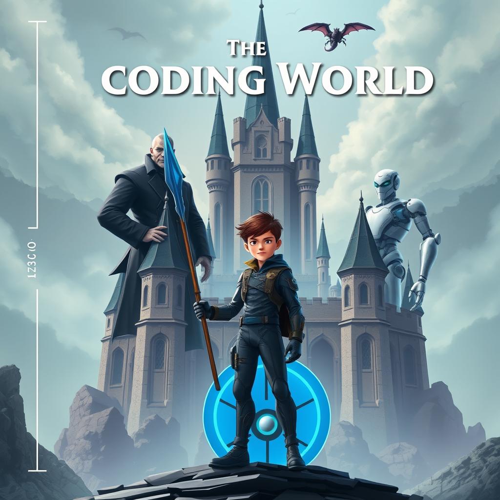 An engaging book cover for **The Coding World** featuring a mature-looking 15-year-old boy standing assertively, holding a futuristic spear designed to destroy code monsters in his right hand