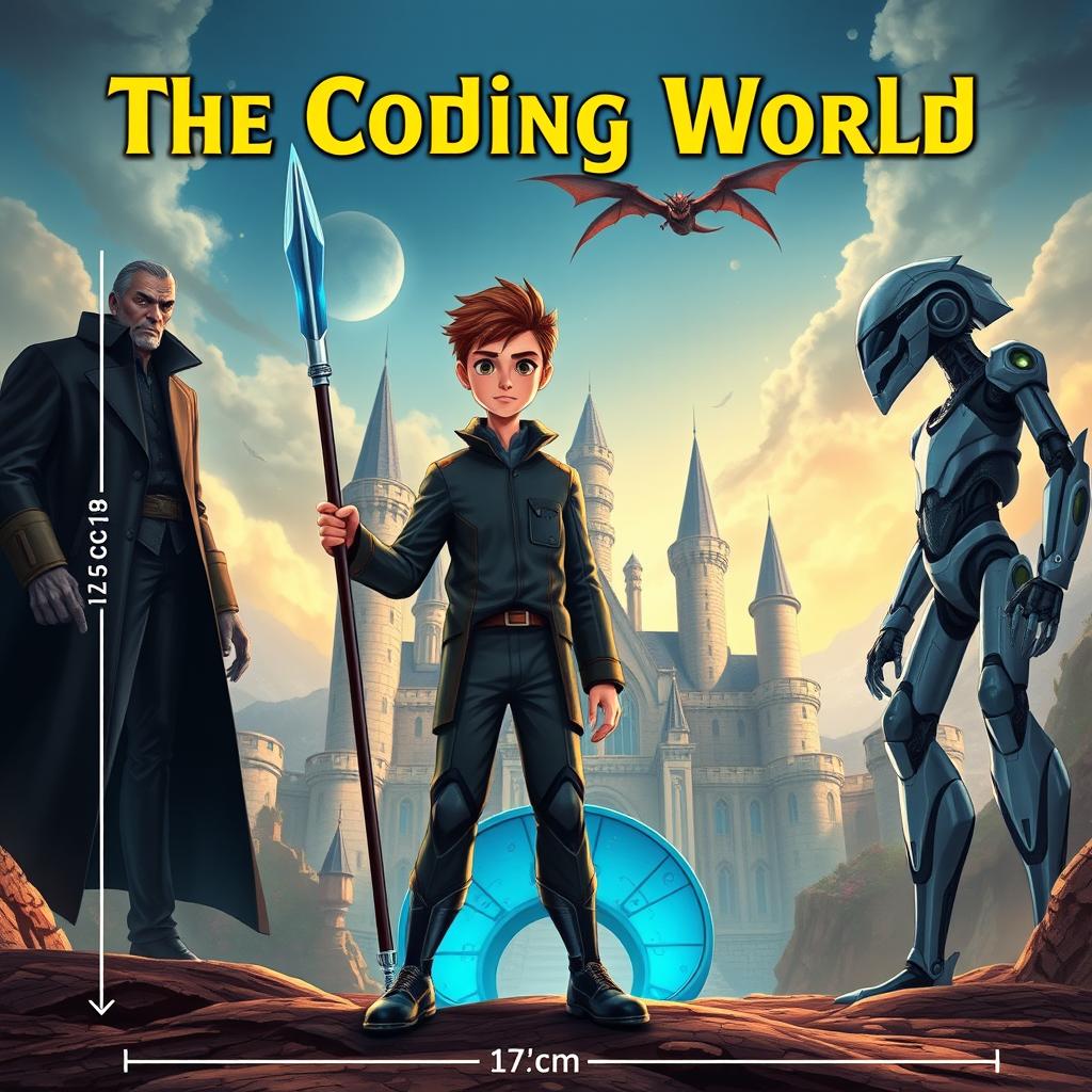 An engaging book cover for **The Coding World** featuring a mature-looking 15-year-old boy standing assertively, holding a futuristic spear designed to destroy code monsters in his right hand