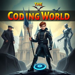 An engaging book cover for **The Coding World** featuring a mature-looking 15-year-old boy standing assertively, holding a futuristic spear designed to destroy code monsters in his right hand