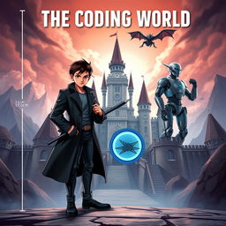 An engaging book cover for **The Coding World** featuring a mature-looking 15-year-old boy standing assertively, holding a futuristic spear designed to destroy code monsters in his right hand