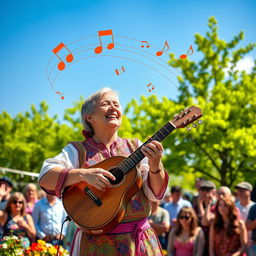 A folk singer playing the saz, a traditional Turkish stringed instrument, wearing a colorful traditional outfit, with a warm and inviting smile