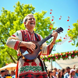 A folk singer playing the saz, a traditional Turkish stringed instrument, wearing a colorful traditional outfit, with a warm and inviting smile