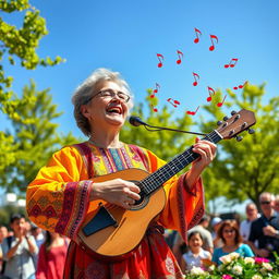 A folk singer playing the saz, a traditional Turkish stringed instrument, wearing a colorful traditional outfit, with a warm and inviting smile