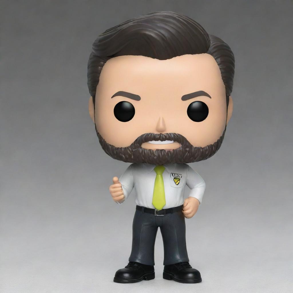 Generate a detailed image of a Funko pop figure depicting an airline sales agent. The figure, smiling with visible teeth, is dressed in a white shirt, gray trousers and black dress shoes, with a neat side-parted hairstyle and a beard. A green and yellow company logo is on the left chest of the shirt. It's presented both inside and outside of a special edition white, green and yellow Funko box, with clear visibility of the figure itself.