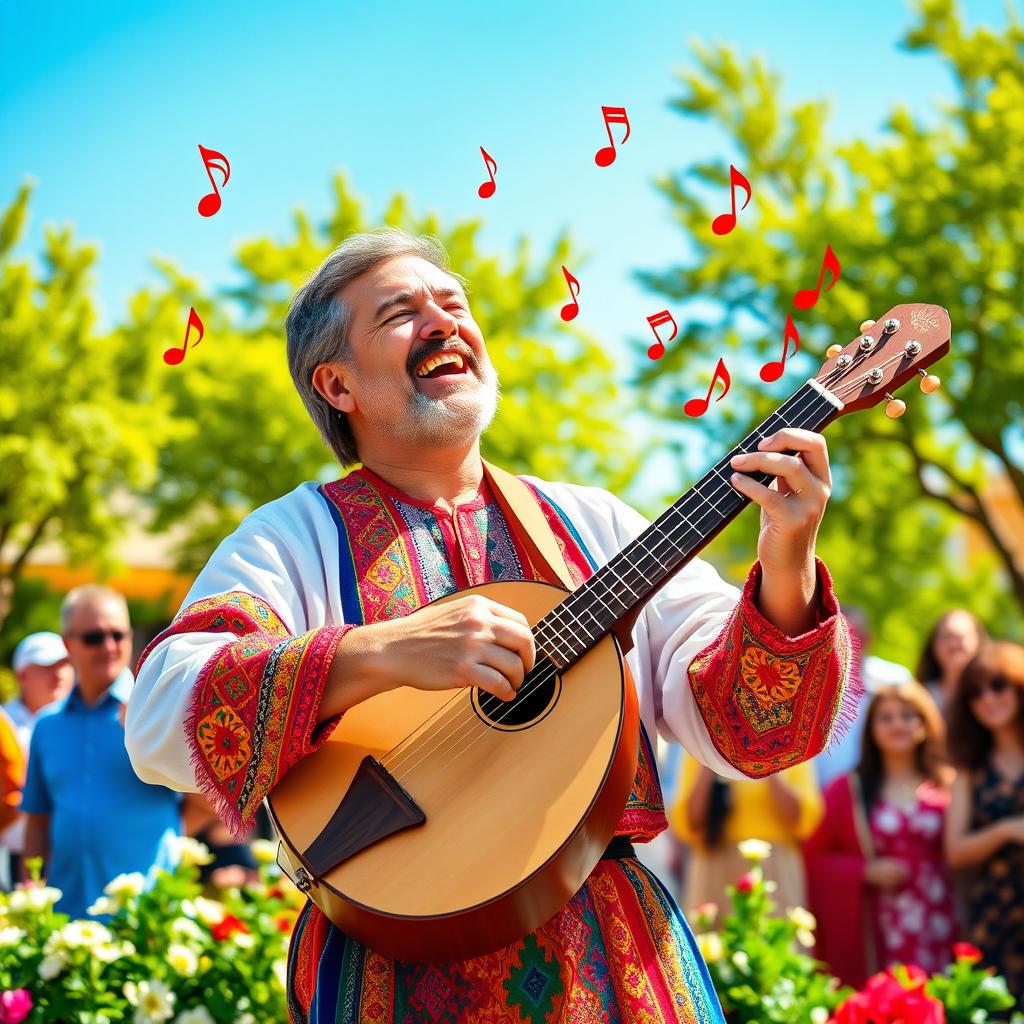 A folk singer playing the saz, a traditional Turkish stringed instrument, wearing a colorful traditional outfit, with a warm and inviting smile