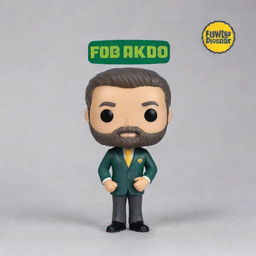 Generate a detailed image of a Funko pop figure depicting an airline sales agent. The figure, smiling with visible teeth, is dressed in a white shirt, gray trousers and black dress shoes, with a neat side-parted hairstyle and a beard. A green and yellow company logo is on the left chest of the shirt. It's presented both inside and outside of a special edition white, green and yellow Funko box, with clear visibility of the figure itself.