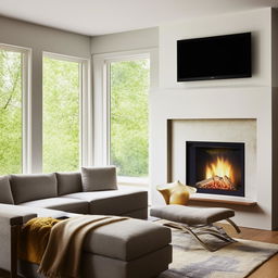 A rectangular living room with a warm fireplace and a sleek television. Windows adorn one corner, filling the space with natural light. An L-shaped couch and a plush chair provide a cozy seating area.