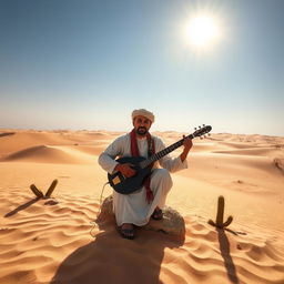 A man playing the saz in a desert landscape, wearing traditional attire that reflects the cultural background of the region