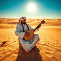 A man playing the saz in a desert landscape, wearing traditional attire that reflects the cultural background of the region