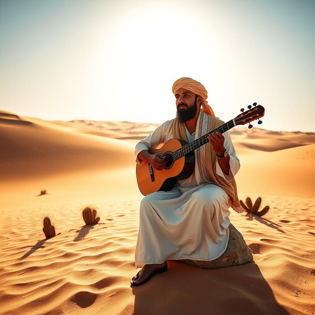 A man playing the saz in a desert landscape, wearing traditional attire that reflects the cultural background of the region