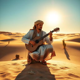 A man playing the saz in a desert landscape, wearing traditional attire that reflects the cultural background of the region