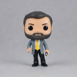 Generate a detailed image of a Funko pop figure depicting an airline sales agent. The figure, smiling with visible teeth, is dressed in a white shirt, gray trousers and black dress shoes, with a neat side-parted hairstyle and a beard. A green and yellow company logo is on the left chest of the shirt. It's presented both inside and outside of a special edition white, green and yellow Funko box, with clear visibility of the figure itself.