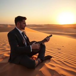 A sharply dressed man in a suit sitting in the middle of a vast desert, playing a traditional reed instrument (saz)