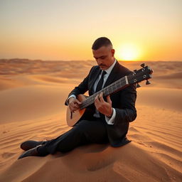 A sharply dressed man in a suit sitting in the middle of a vast desert, playing a traditional reed instrument (saz)