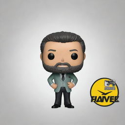 Generate a detailed image of a Funko pop figure depicting an airline sales agent. The figure, smiling with visible teeth, is dressed in a white shirt, gray trousers and black dress shoes, with a neat side-parted hairstyle and a beard. A green and yellow company logo is on the left chest of the shirt. It's presented both inside and outside of a special edition white, green and yellow Funko box, with clear visibility of the figure itself.