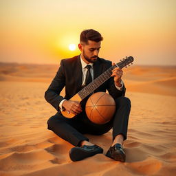 A sharply dressed man in a suit sitting in the middle of a vast desert, playing a traditional reed instrument (saz)