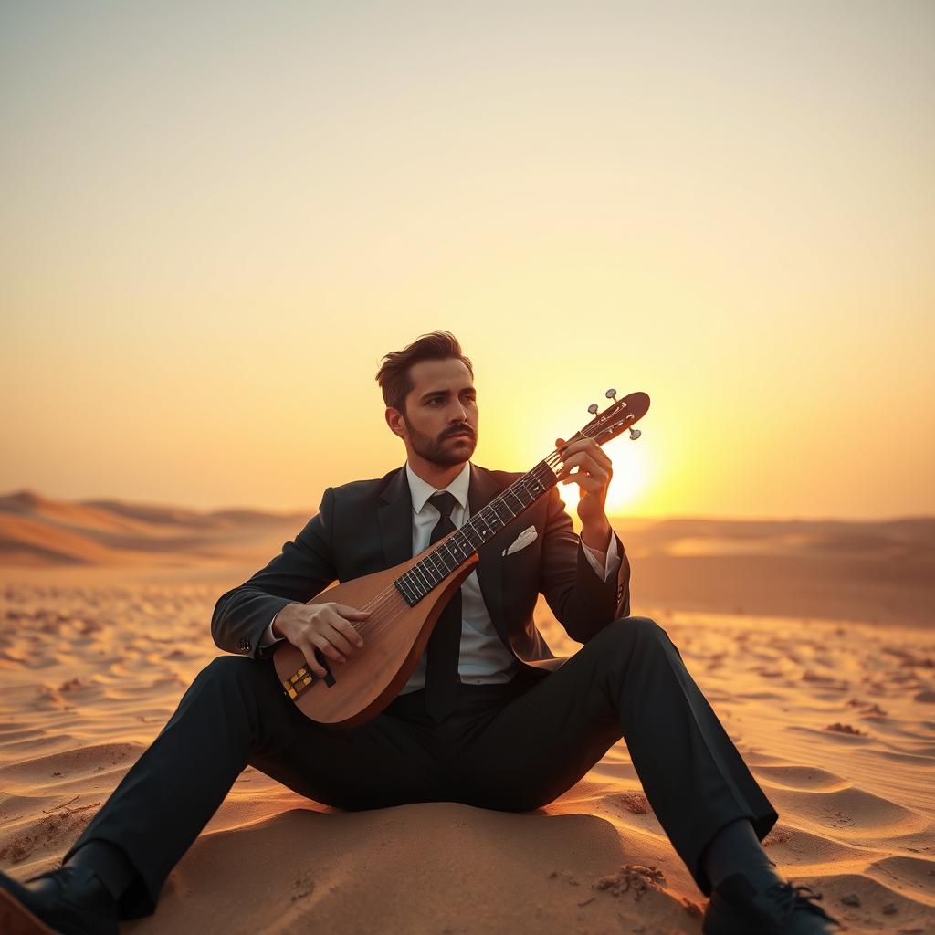 A sharply dressed man in a suit sitting in the middle of a vast desert, playing a traditional reed instrument (saz)