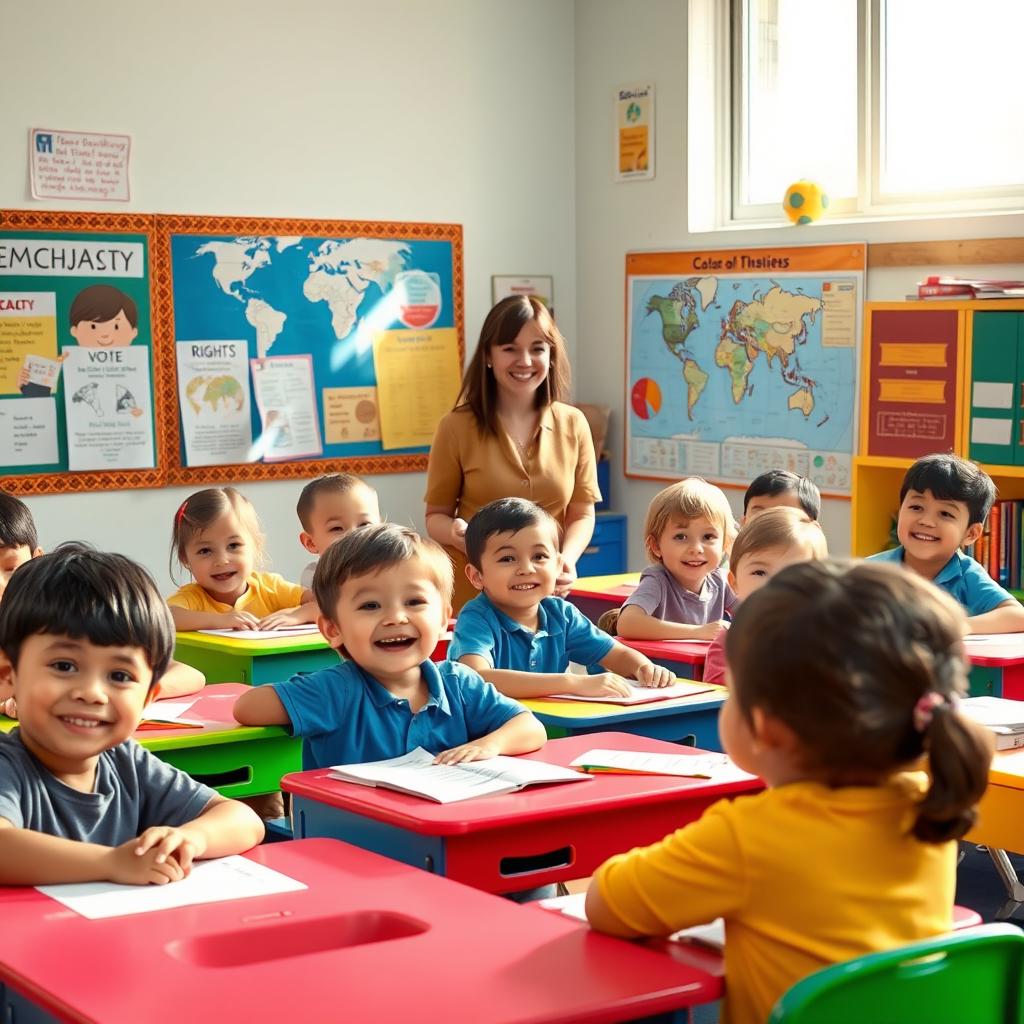 A vibrant classroom scene depicting elementary school students engaged in civic education